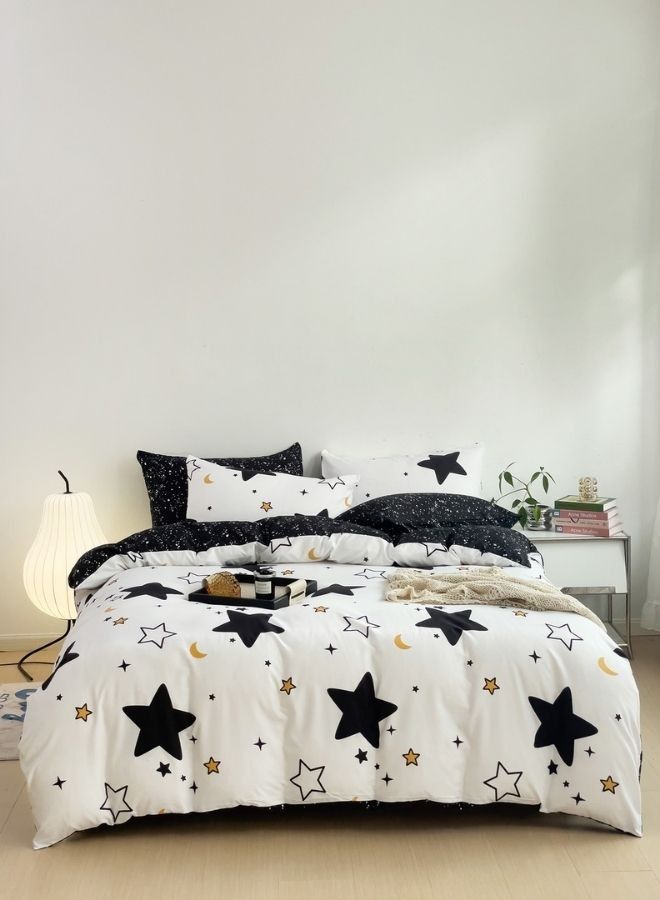 Single Size 4 piece Reversible Duvet Cover Set, Blue Stars Design with Navy Blue Bedsheet Color