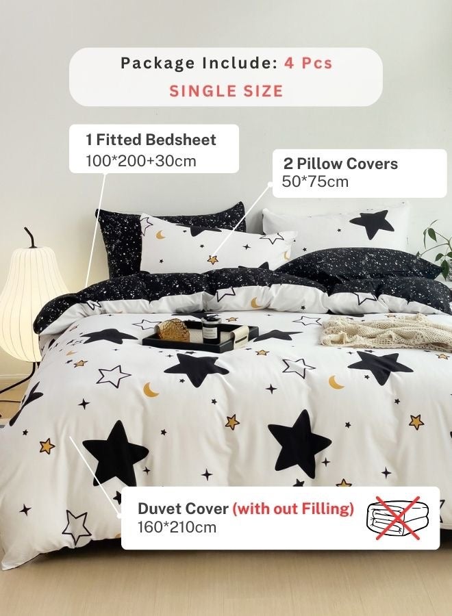 Single Size 4 piece Reversible Duvet Cover Set, Blue Stars Design with Navy Blue Bedsheet Color