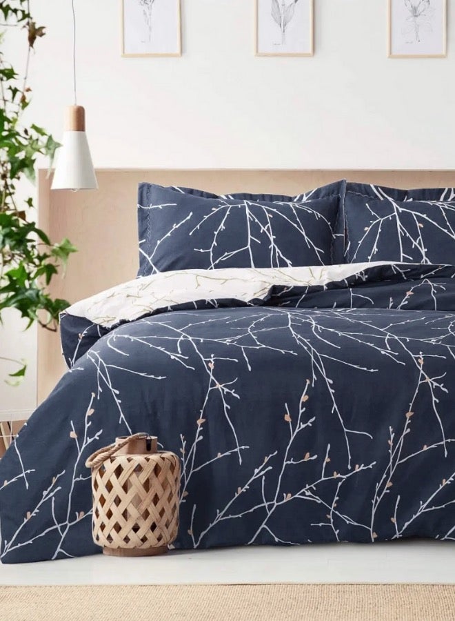 Single size 4 piece Twigs Pattern Duvet Cover Set Blue & Cream Bedding Set Reversible Style.