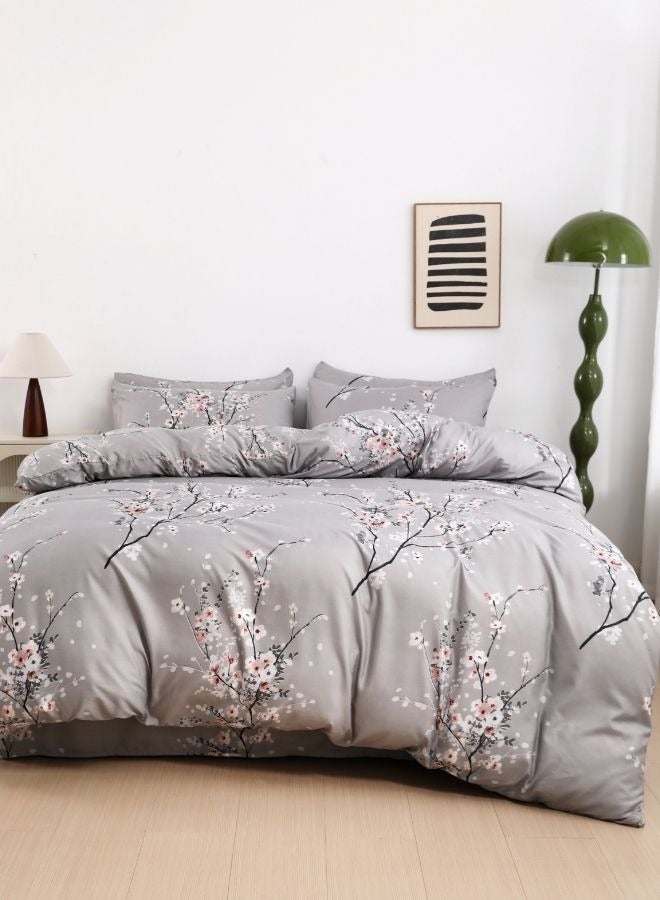 King Size 6 Piece Duvet Cover Set Grey Plum Blossom Bedding Set.
