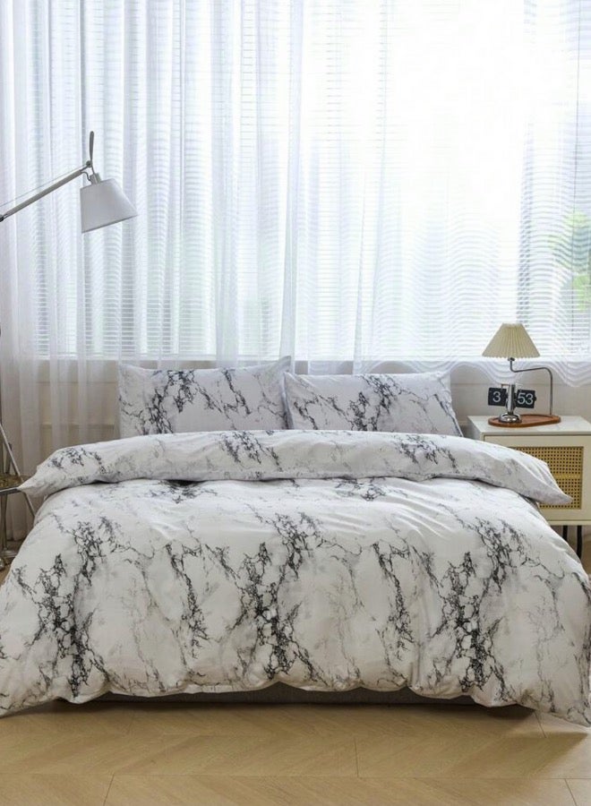 King-Size 6-Piece Duvet Cover Bedding Set featuring a White and Grey Marble Design.