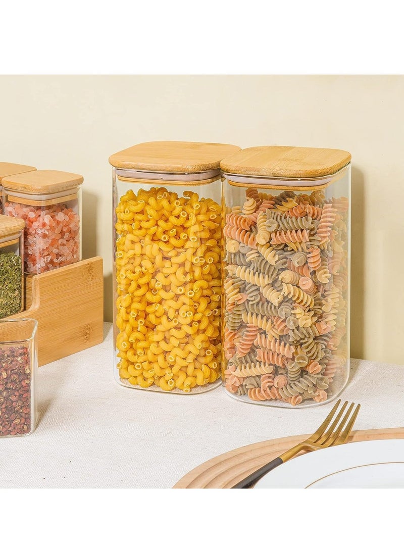 Glass Jars Set 1500ML Food Cereal Storage Spice Containers for Home Kitchen Food Storage jars With Labels Marker and spoons Square 10 by 20 cm 4 Pieces With Wood Lid.