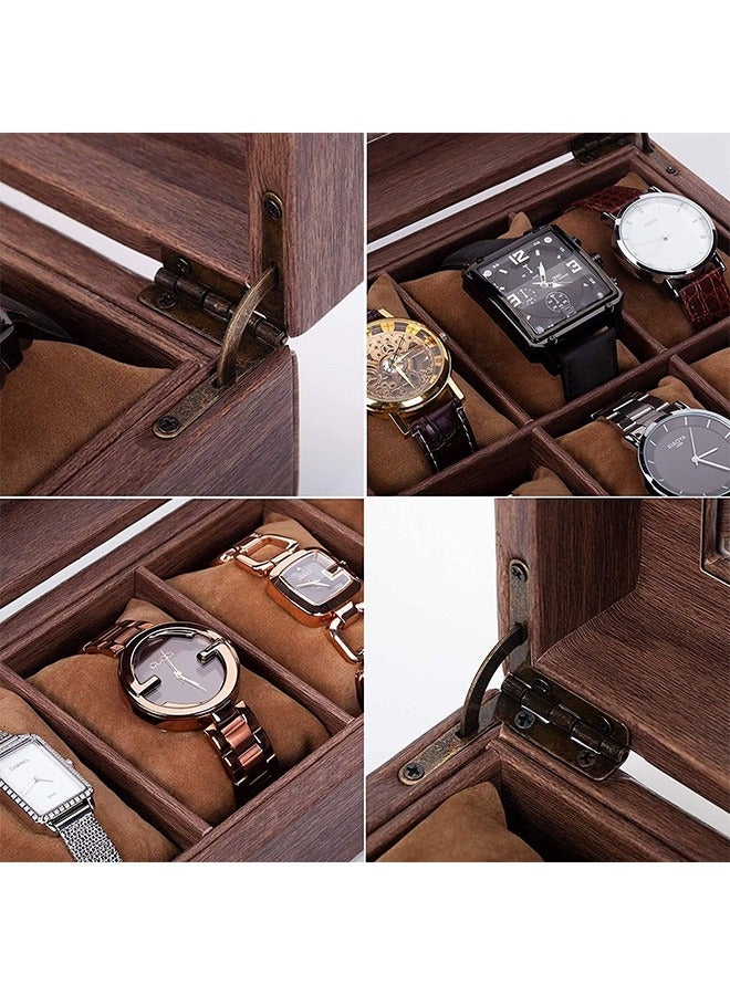 Watch Box Organizer Watch Case with Glass Top Watch Display Case, Wood-Grain Watch Box Case Organizer Display for Men Women (10-slot)