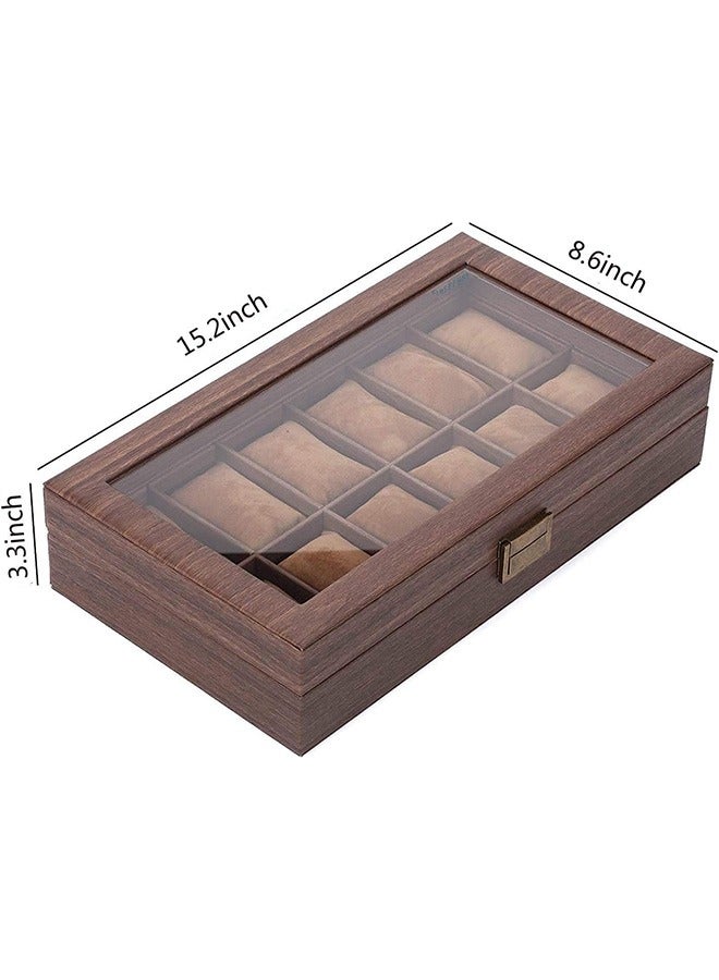 Watch Box Organizer Watch Case with Glass Top Watch Display Case, Wood-Grain Watch Box Case Organizer Display for Men Women (10-slot)