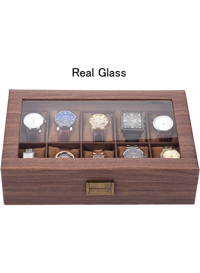 Watch Box Organizer Watch Case with Glass Top Watch Display Case, Wood-Grain Watch Box Case Organizer Display for Men Women (10-slot)