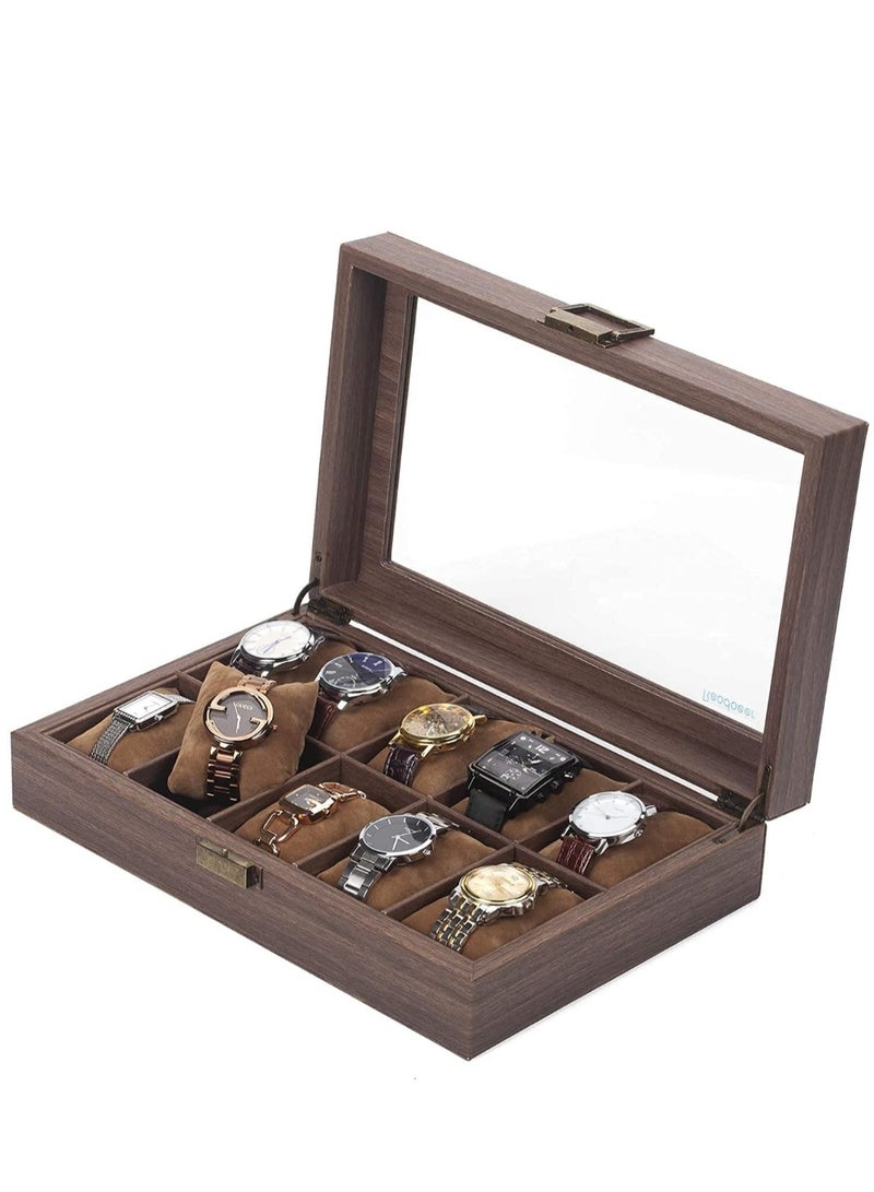 Watch Box Organizer Watch Case with Glass Top Watch Display Case, Wood-Grain Watch Box Case Organizer Display for Men Women (10-slot)