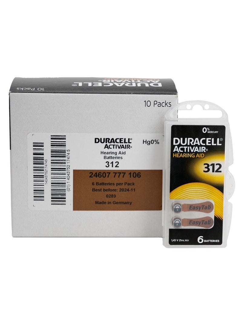 60-Pieces Duracell Activair (Size 312) Hearing Aid 1.45V Zinc Air 0% Mercury Batteries