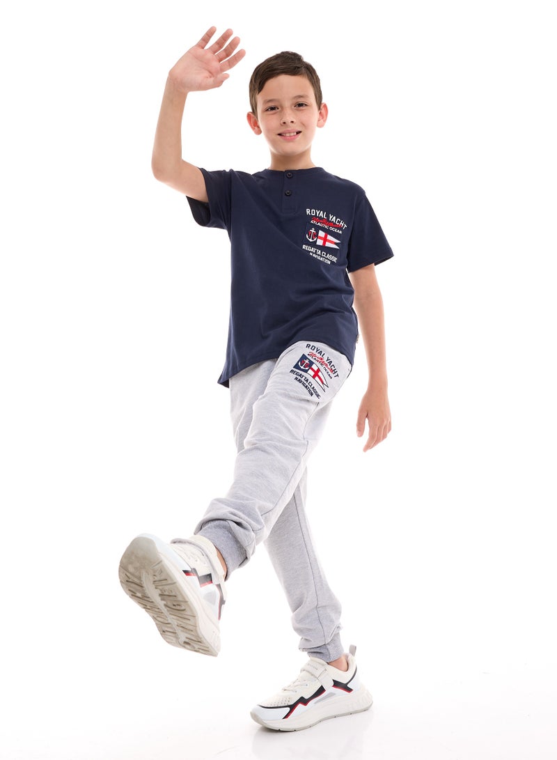 Boys' 2-Piece 100% Cotton T-Shirt & Jogger Set - Navy - Grey