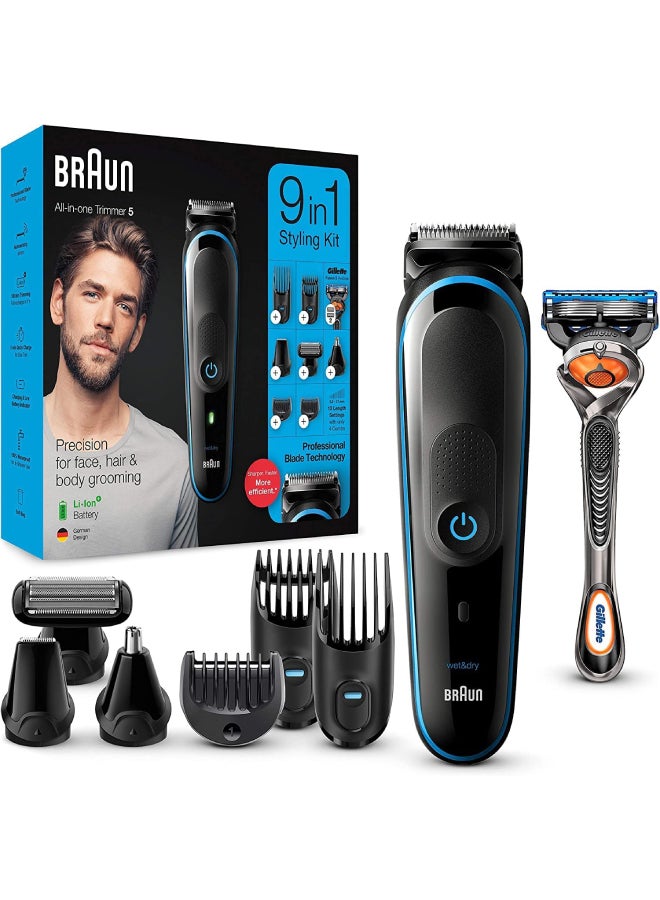 Braun 9 In 1 All-In-One Trimmer 5 Mgk5280 Beard Trimmer For Men, Hair Clipper And Body Groomer With Autosensing Technology And Gillette Proglide Razor, Black & Blue Black - Blue