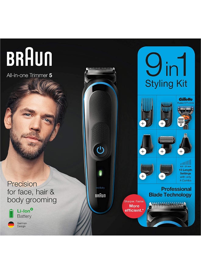 Braun 9 In 1 All-In-One Trimmer 5 Mgk5280 Beard Trimmer For Men, Hair Clipper And Body Groomer With Autosensing Technology And Gillette Proglide Razor, Black & Blue Black - Blue