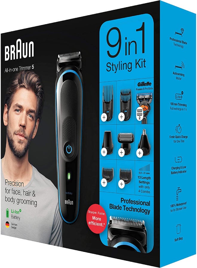 Braun 9 In 1 All-In-One Trimmer 5 Mgk5280 Beard Trimmer For Men, Hair Clipper And Body Groomer With Autosensing Technology And Gillette Proglide Razor, Black & Blue Black - Blue