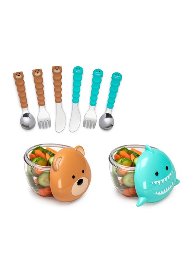 Snack Containers And Utensil Set - Turquoise Shark And Brown Bear Snack Containers, Brown Bear And Blue Shark Utensil Set (6 Pcs)