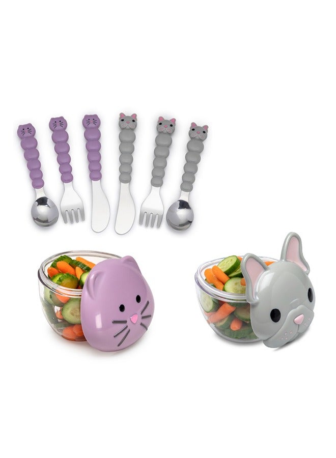 6-Pieces Snack Containers And Utensil Set - Bulldog And Purple Cat Snack Containers, Purple Cat And Grey Bulldog Utensil Set