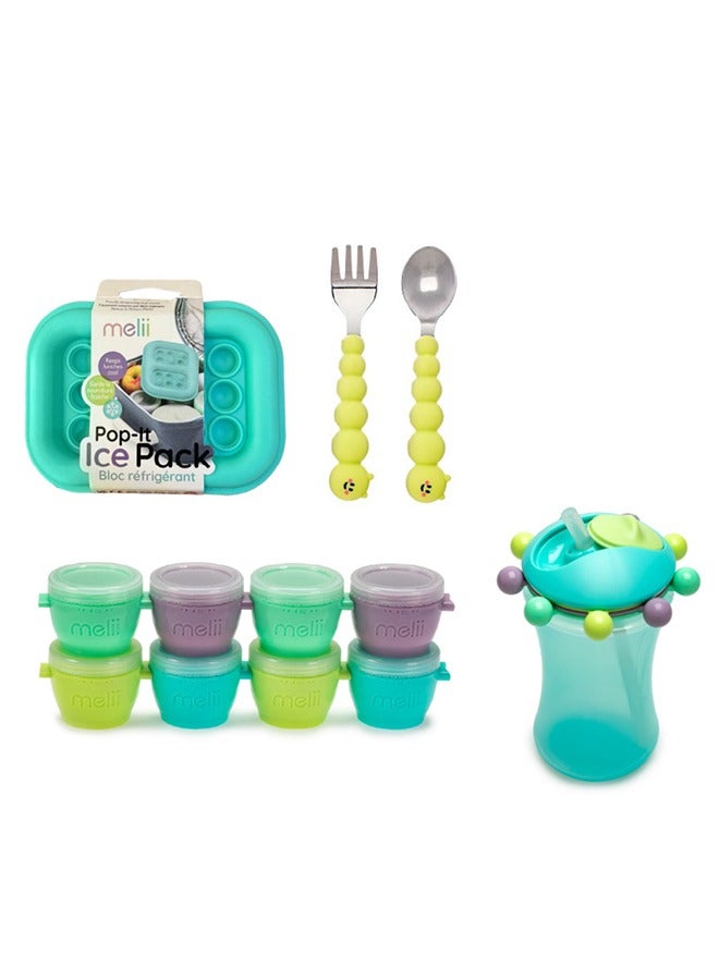 Snap And Go Pods Baby Food Storage Container (4 oz, 8 pcs), Abacus Straw Sippy Cup (Turquoise, 340 ml), Silicone Caterpillar Spoon And Fork Set, Silicone Pop-It Ice Pack (Turquoise)