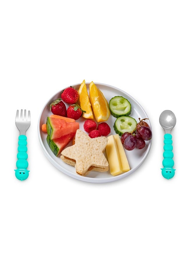 Back To School Bundle - Puzzle Food Container (Lime, Turquoise Green), Spikey Water Bottle (Mint, 17 oz), Spoons And Forks Set (Brown Bear And Turquoise Shark, 4 Pcs)