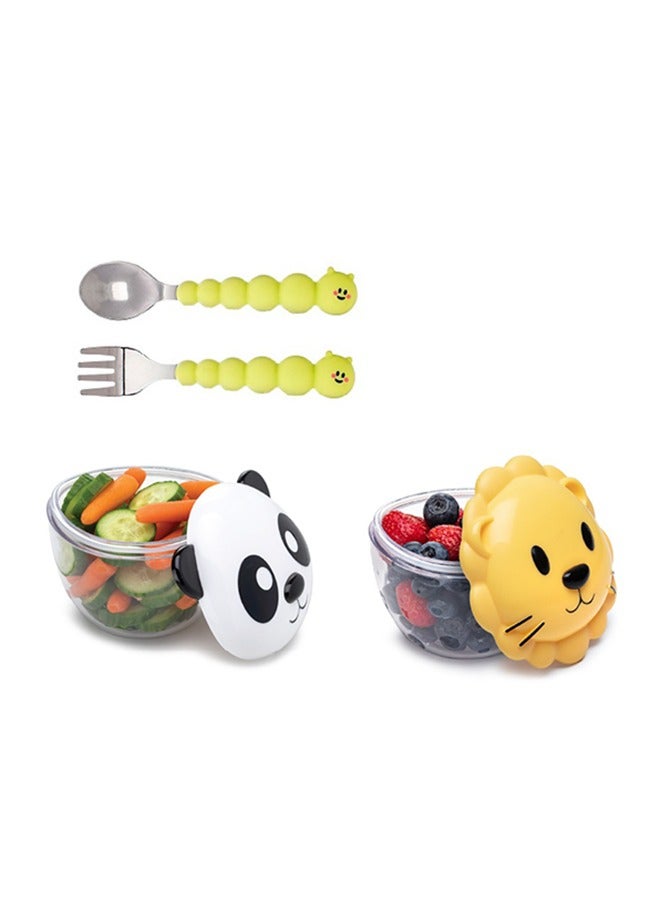 Snack Containers And Utensil Set - Lion And Panda Snack Containers, Silicone Caterpillar Spoon And Fork Set