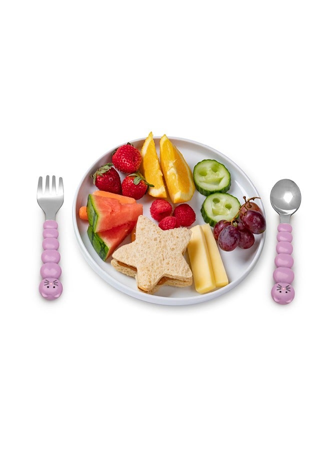 Back To School Bundle - Puzzle Food Container (Pink, Purple, Grey), Spikey Water Bottle (Pink, 17 oz), Spoons And Forks Set (Purple Cat And Grey Bulldog, 4 Pcs)