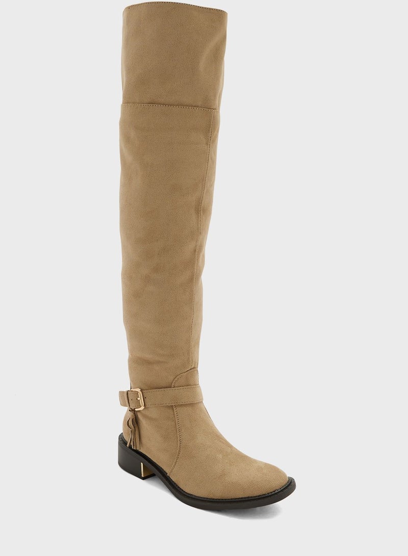 Beige Faux Suede Buckle Down Collar Long Boots