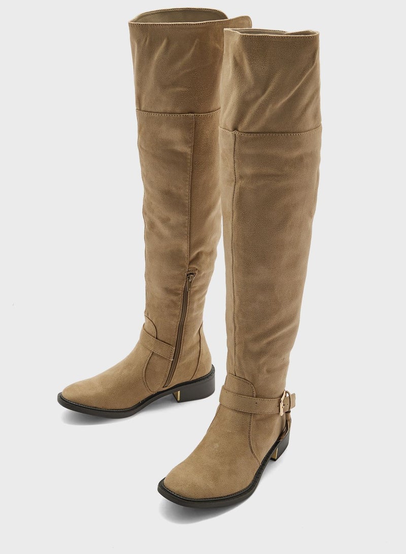 Beige Faux Suede Buckle Down Collar Long Boots