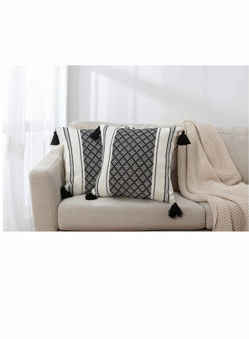 Set of 2 Boho Neutral Decorative Throw Pillow Covers 18x18 Inch  Cotton Woven Diamond Jacquard Pattern Pillow Cases for Couch Sofa Bedroom Car Modern Accent Square Pillowcase Black