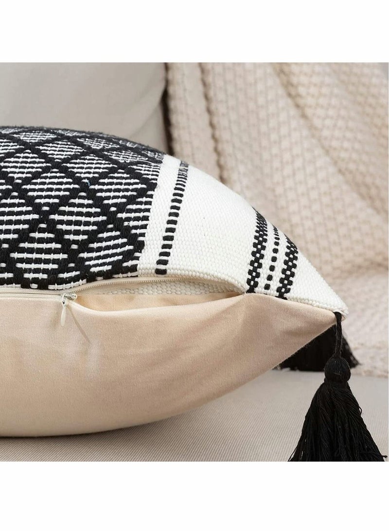 Set of 2 Boho Neutral Decorative Throw Pillow Covers 18x18 Inch  Cotton Woven Diamond Jacquard Pattern Pillow Cases for Couch Sofa Bedroom Car Modern Accent Square Pillowcase Black