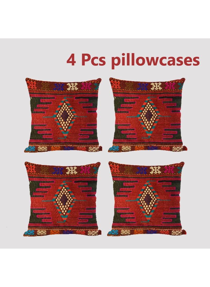 4 Pcs Bohemian Pillowcases Ethnic Linen Pillowcases Multicolor 45x45cm Without Pillow Core