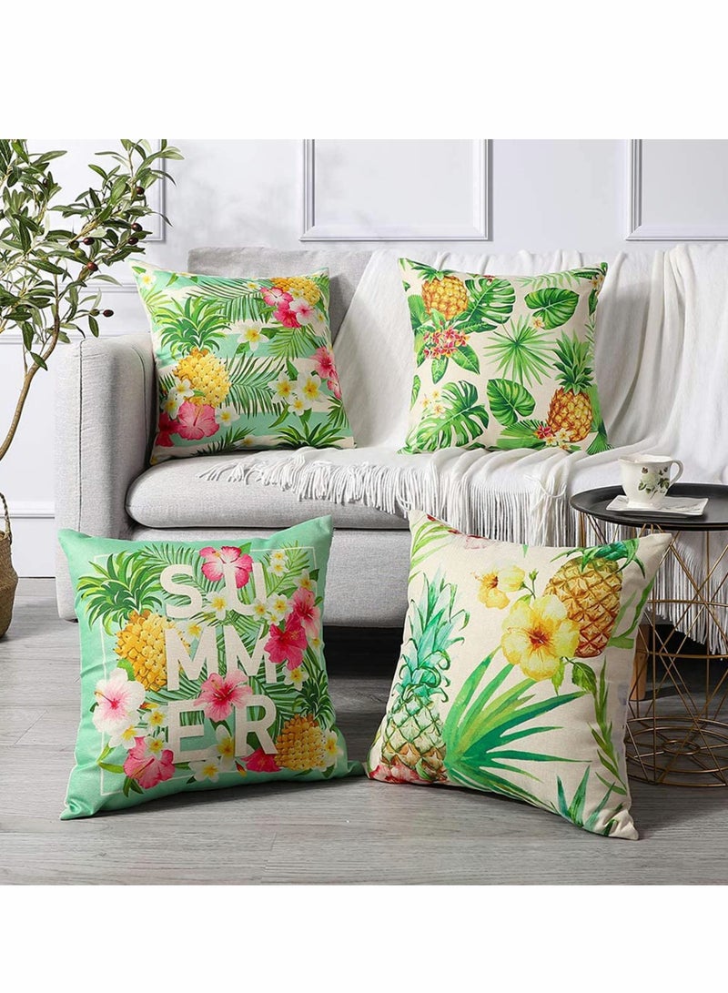 Decorative Throw Pillow Covers Pack of 4 Waterproof Cushion Covers Perfect to Outdoor Patio Garden Living Room Sofa Farmhouse Decor (18x18 Inches) (Tropical Plants and Pineapple)
