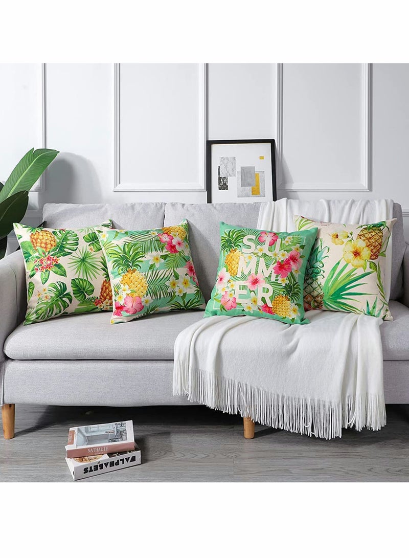 Decorative Throw Pillow Covers Pack of 4 Waterproof Cushion Covers Perfect to Outdoor Patio Garden Living Room Sofa Farmhouse Decor (18x18 Inches) (Tropical Plants and Pineapple)