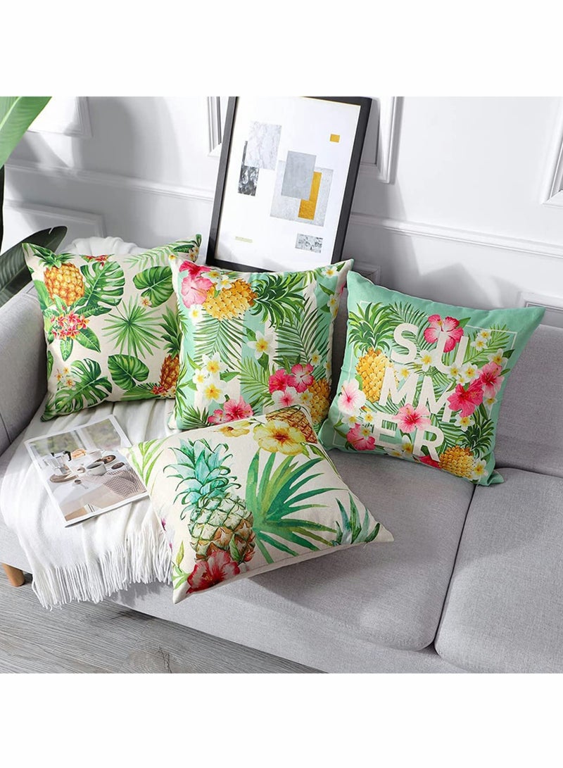 Decorative Throw Pillow Covers Pack of 4 Waterproof Cushion Covers Perfect to Outdoor Patio Garden Living Room Sofa Farmhouse Decor (18x18 Inches) (Tropical Plants and Pineapple)