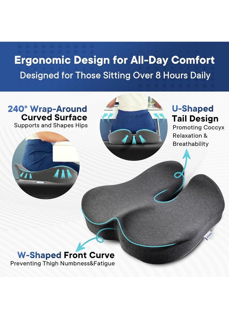 Tycom Seat Cushion for Office Chair Tailbone Pressure Relief Cushion Lower Back Sciatica Pain Relief Pillow Memory Foam Chair Cushions for Desk Chairs Car Seats Dark Grey.