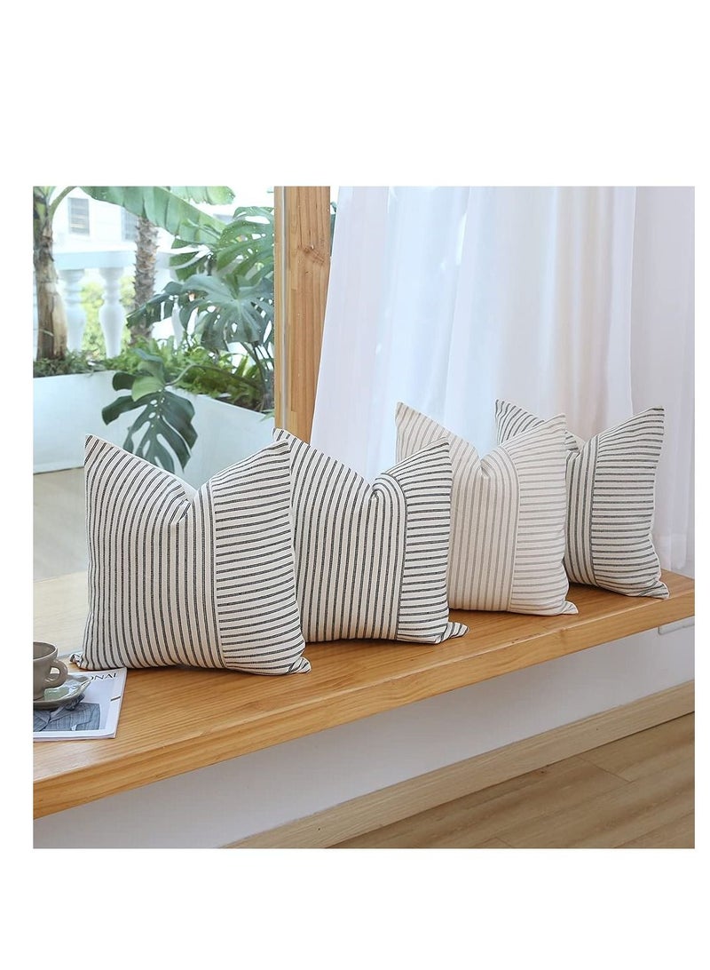 Grey and Beige Patchwork Farmhouse Throw Pillow Covers 18 x 18 Inch, Pack of 4 Striped Linen Decorative Pillow Case for Sofa Couch Chair Bedroom Modern Decor(Grey)