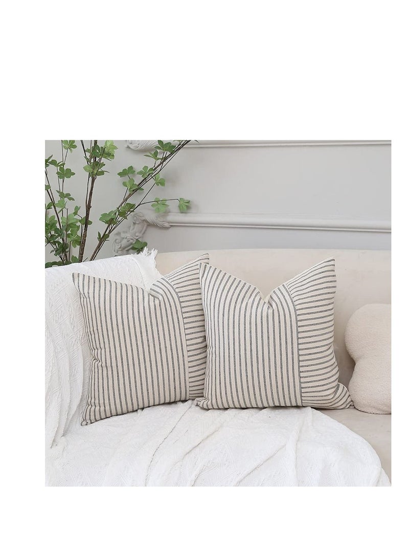Grey and Beige Patchwork Farmhouse Throw Pillow Covers 18 x 18 Inch, Pack of 4 Striped Linen Decorative Pillow Case for Sofa Couch Chair Bedroom Modern Decor(Grey)