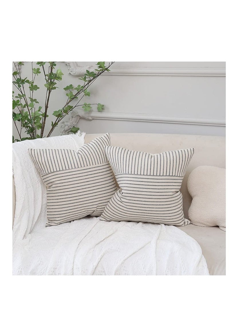Grey and Beige Patchwork Farmhouse Throw Pillow Covers 18 x 18 Inch, Pack of 4 Striped Linen Decorative Pillow Case for Sofa Couch Chair Bedroom Modern Decor(Grey)