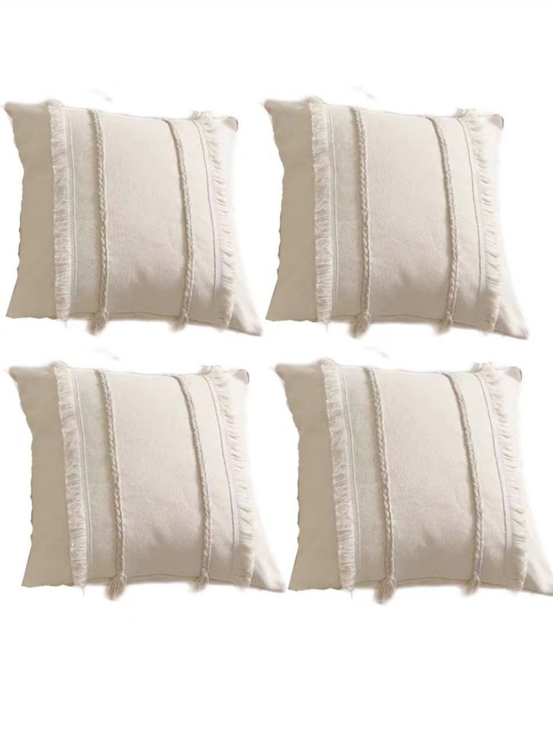 4-Piece Bohemia Tassel Braid Pillow Cover/Throw Pillowcase/Sofa Pillow Cover Canvas Material Beige 45 x 45 Centimeter