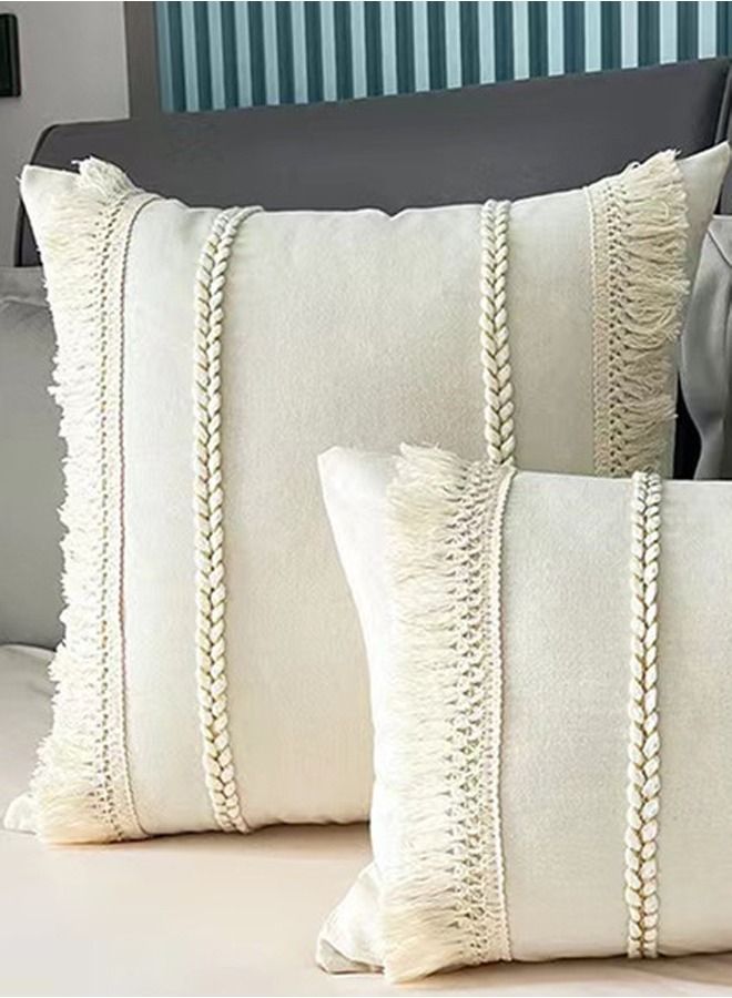 4-Piece Bohemia Tassel Braid Pillow Cover/Throw Pillowcase/Sofa Pillow Cover Canvas Material Beige 45 x 45 Centimeter