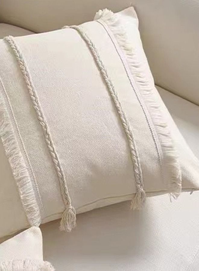 4-Piece Bohemia Tassel Braid Pillow Cover/Throw Pillowcase/Sofa Pillow Cover Canvas Material Beige 45 x 45 Centimeter