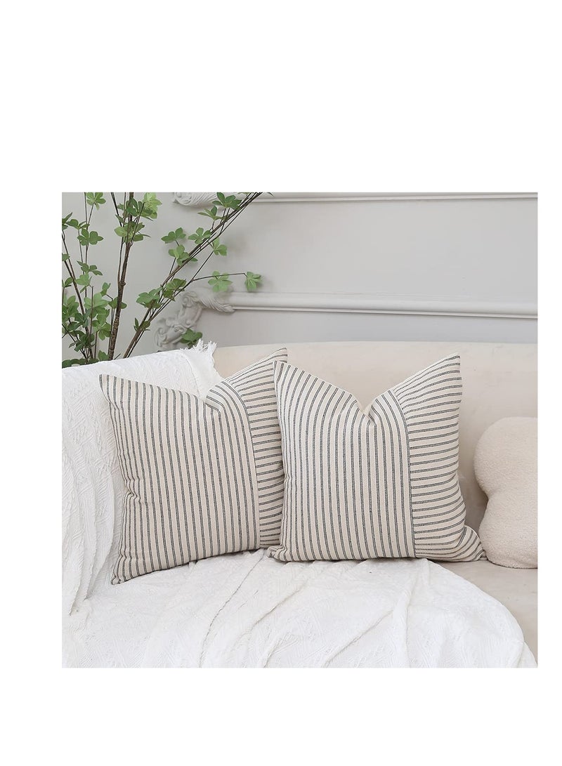 Grey and Beige Patchwork Farmhouse Throw Pillow Covers 18 x 18 Inch, Pack of 4 Striped Linen Decorative Pillow Case for Sofa Couch Chair Bedroom Modern Decor(Grey)