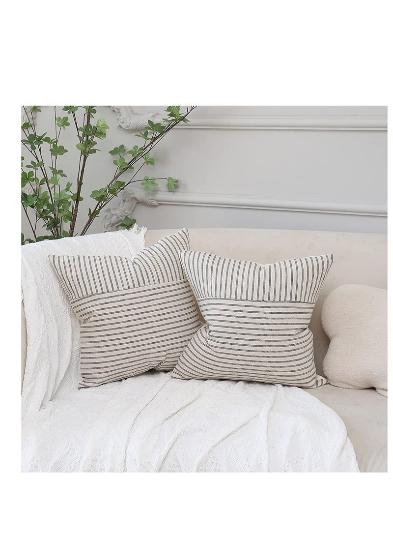 Grey and Beige Patchwork Farmhouse Throw Pillow Covers 18 x 18 Inch, Pack of 4 Striped Linen Decorative Pillow Case for Sofa Couch Chair Bedroom Modern Decor(Grey)