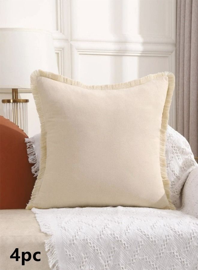 4-Piece Modern Simplicity Quadrate Pillow Case Tassel Trim Cushion Cover Cotton Beige 45 x 45 Centimeter