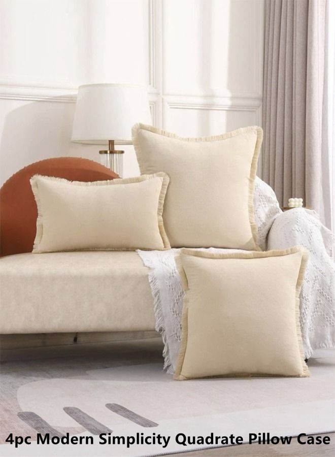 4-Piece Modern Simplicity Quadrate Pillow Case Tassel Trim Cushion Cover Cotton Beige 45 x 45 Centimeter