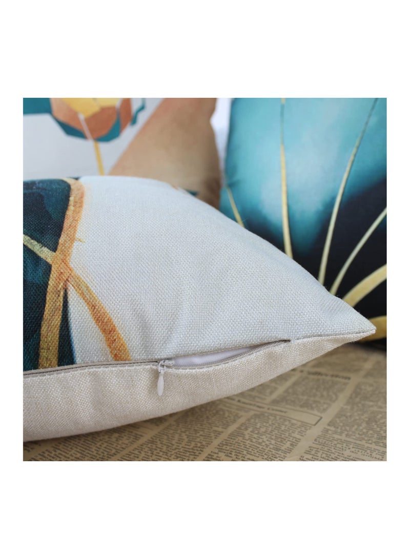 Decorative Cushion Covers, 4 Pcs 45 x 45 Linen Leaves Throw Pillow Cases Gold Teal Farmhouse Natural Cushion Covers 18x18 Sofa Cushions Modern Living Room Outdoor Garden