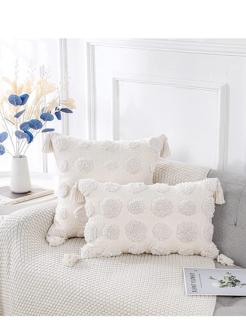 1 PCS Pillow Covers of White Tufted Throw, with Tassel 12x20 inch, Soft Cream Chenille Decorative Lumbar Cushion Case Pillowcase for Couch Sofa Bedroom Living Room Farmhouse