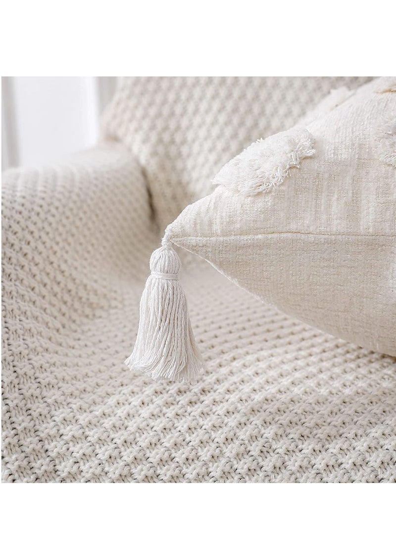 1 PCS Pillow Covers of White Tufted Throw, with Tassel 12x20 inch, Soft Cream Chenille Decorative Lumbar Cushion Case Pillowcase for Couch Sofa Bedroom Living Room Farmhouse