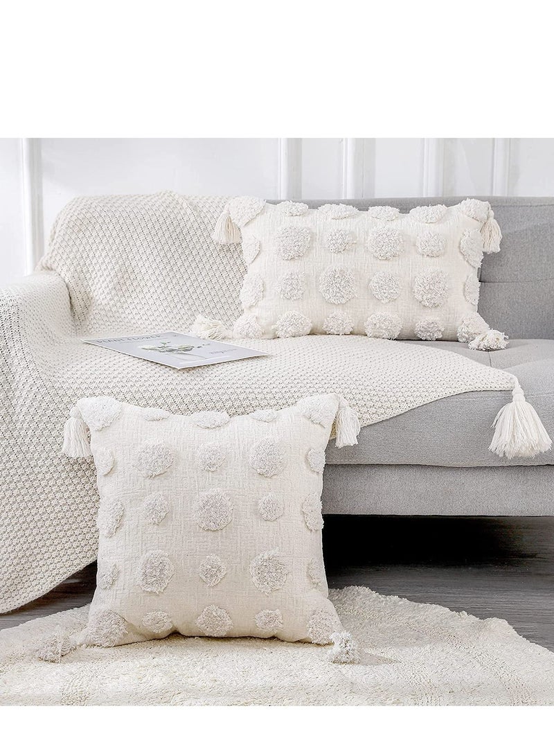 1 PCS Pillow Covers of White Tufted Throw, with Tassel 12x20 inch, Soft Cream Chenille Decorative Lumbar Cushion Case Pillowcase for Couch Sofa Bedroom Living Room Farmhouse