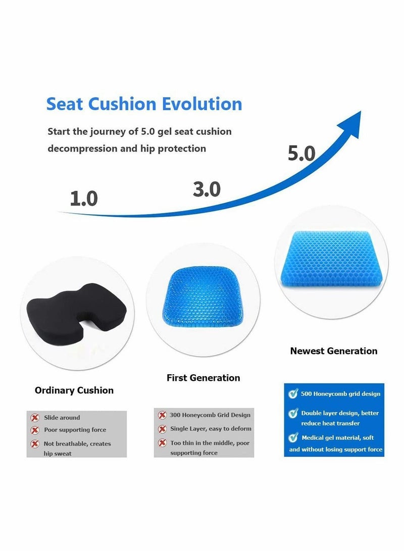 Gel Seat Cushion Double Thick Egg with Non slip Cover, Coccyx for Back & Sciatica Pain Office chair Car Honeycomb Breathable Design, Durable, Portable