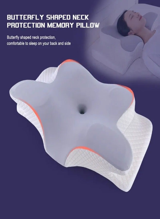 Butterfly Shape Memory Foam Ergonomic Orthopedic Neck Support Back Side Stomach Sleeping Pillow with Washable Cover Cervical Pillow for Neck and Shoulder Pain Relief