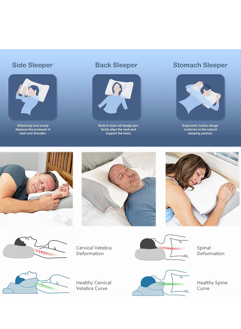 Contour Memory Foam Pillow for Sleeping, Orthopedic Cervical Support for Neck, Shoulder and Back Pain Relief, Ergonomic Pillow for Side, Back, Stomach Sleepers, Washable Pillowcase