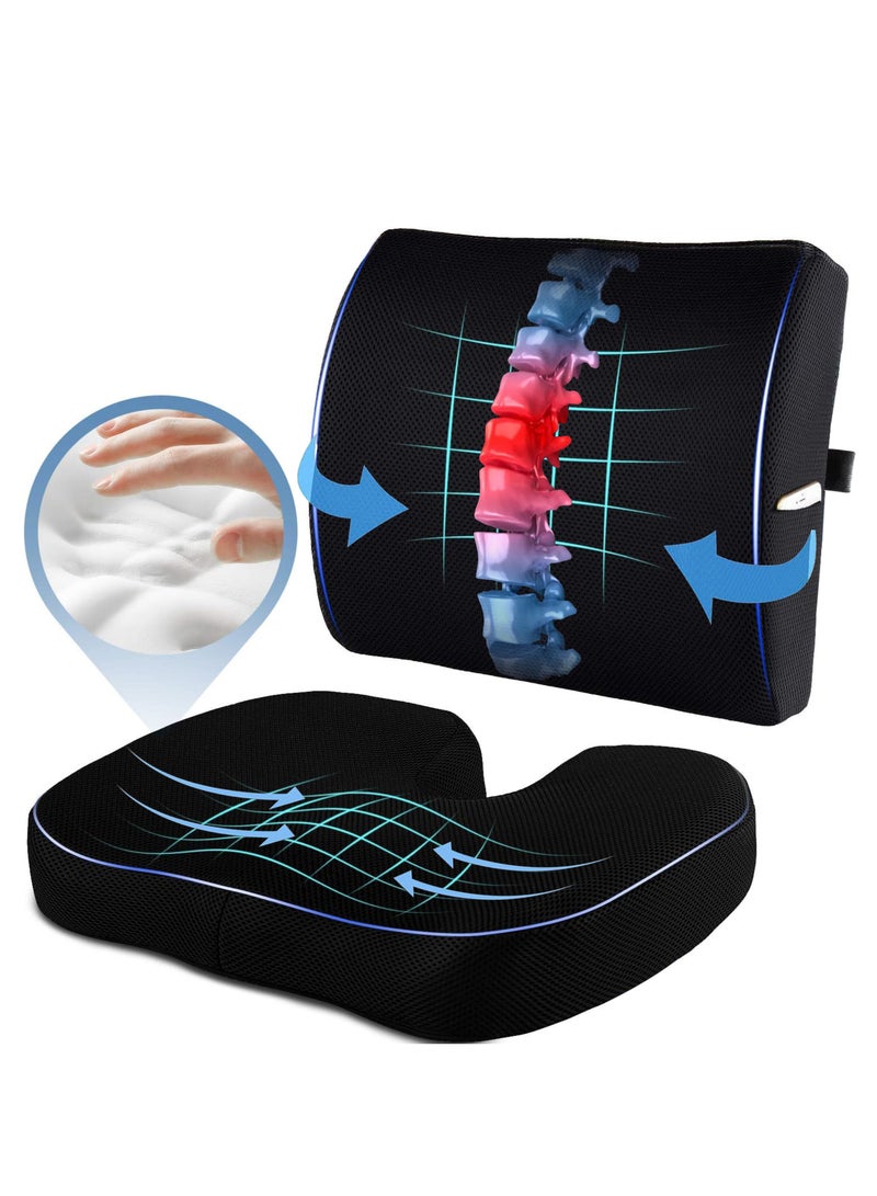 Portable Ergonomic Memory Foam Seat Cushion and Lumbar Support Pillow Set for Car Office Computer Chair Wheelchair