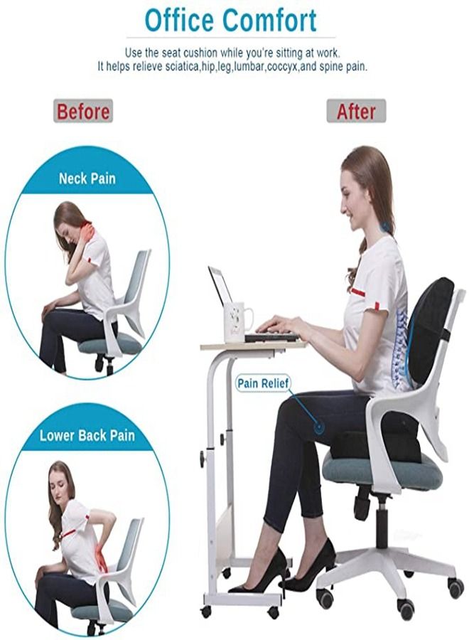 Seat Cushion & Lumbar Support Pillow for Office Chair, Car, Wheelchair Memory Foam Chair Cushion for Sciatica, Lower Back&Tailbone Pain Relief Desk Pad with Adjustable Strap Washable Cover