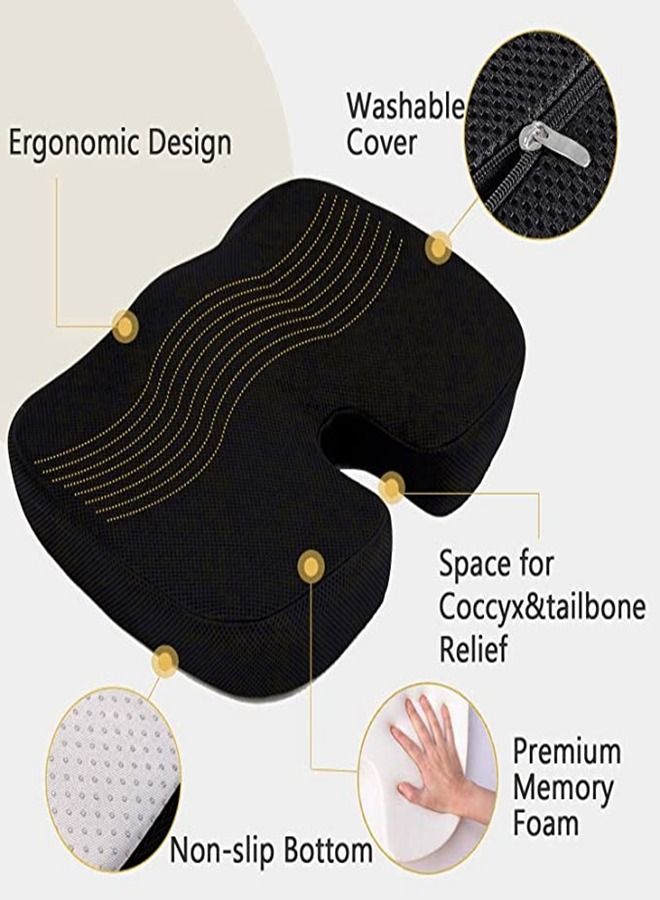 Seat Cushion & Lumbar Support Pillow for Office Chair, Car, Wheelchair Memory Foam Chair Cushion for Sciatica, Lower Back&Tailbone Pain Relief Desk Pad with Adjustable Strap Washable Cover